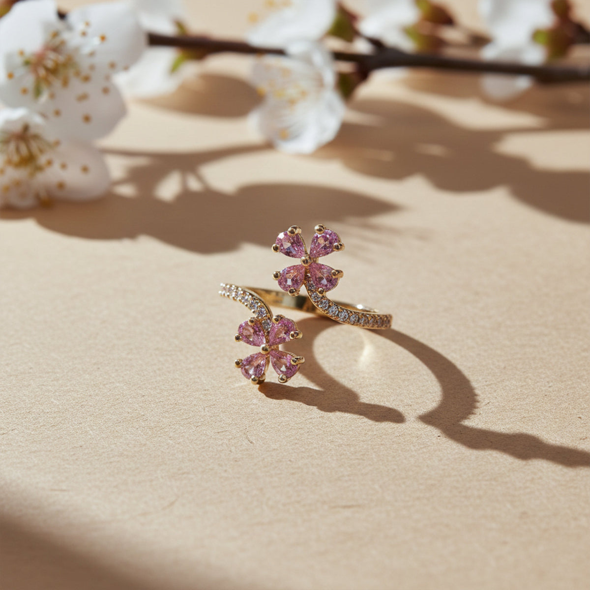 Twin Pink Clover Bypass Adjustable Ring GWR-72