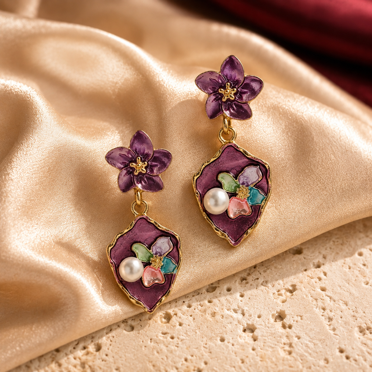 Flora Bloom Purple Enamel Pearl Earrings GWE -180