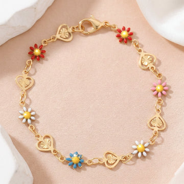 Vibrant Enamel Daisy & Textured Heart Link Bracelet GWB-13