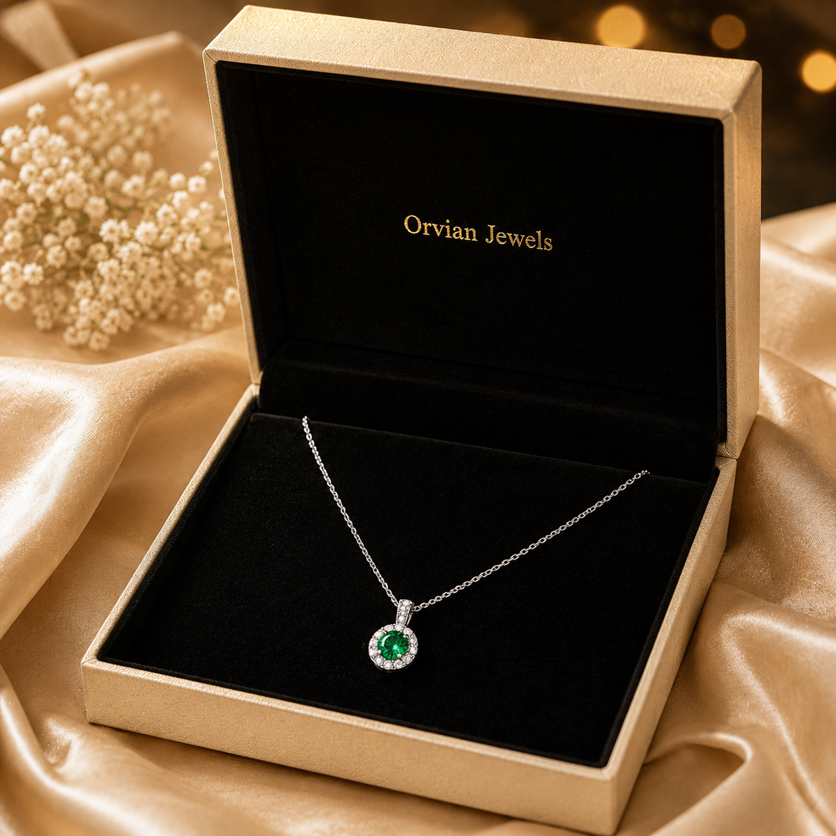 Modern Emerald Green Halo Solitaire Necklace GWN -161