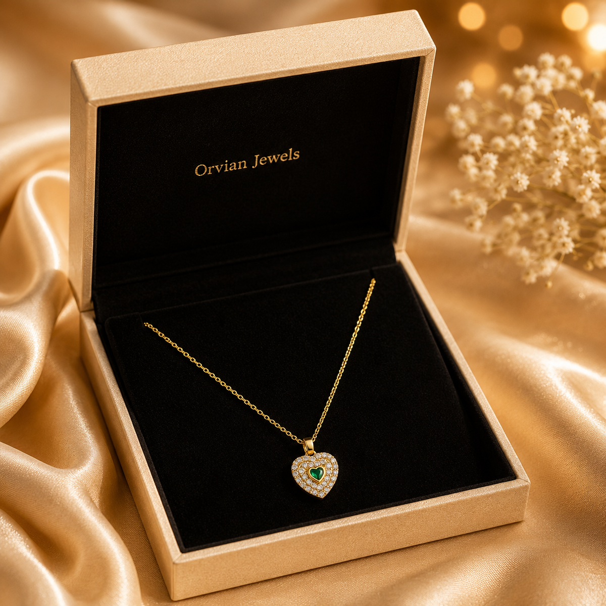 Modern Emerald Heart Double Halo Necklace GWN -121