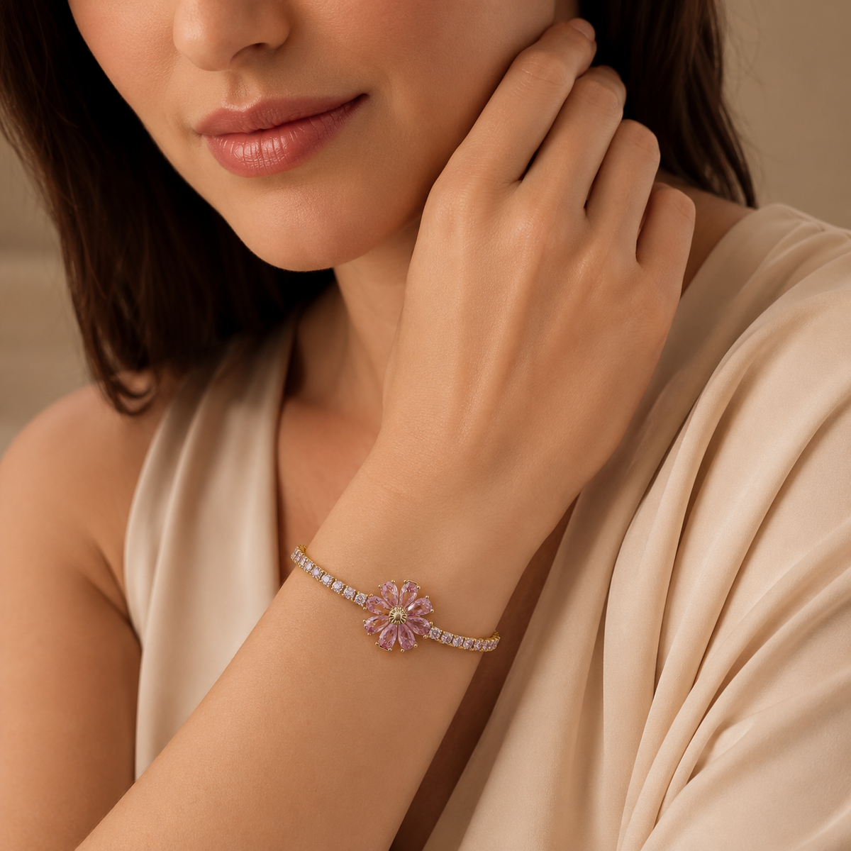 Imperial Pink Floral Solitaire & Tennis Bolo Bracelet GWB-154