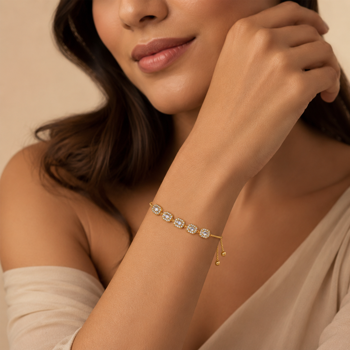 Imperial Cushion Halo Solitaire Row Bolo Bracelet GWB-159