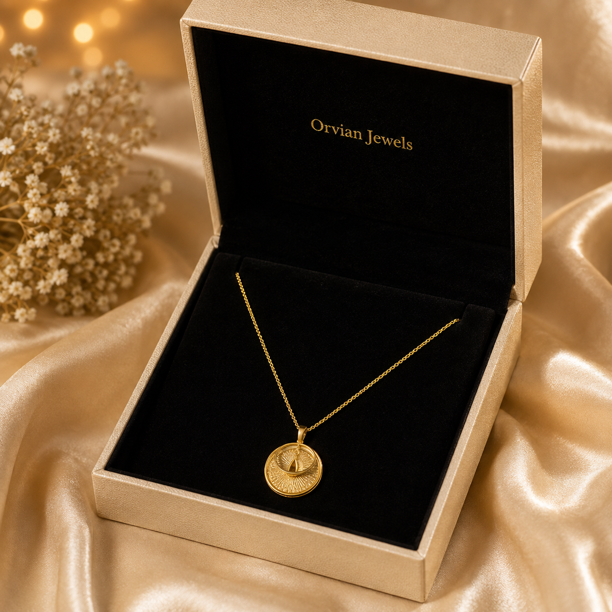 Modern Sunburst Medallion Teardrop Necklace GWN -158