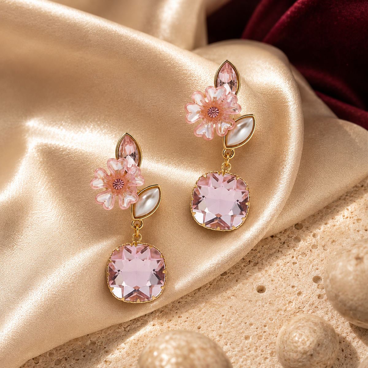 Flora Shine Pink Blossom Drop Earrings GWE -235