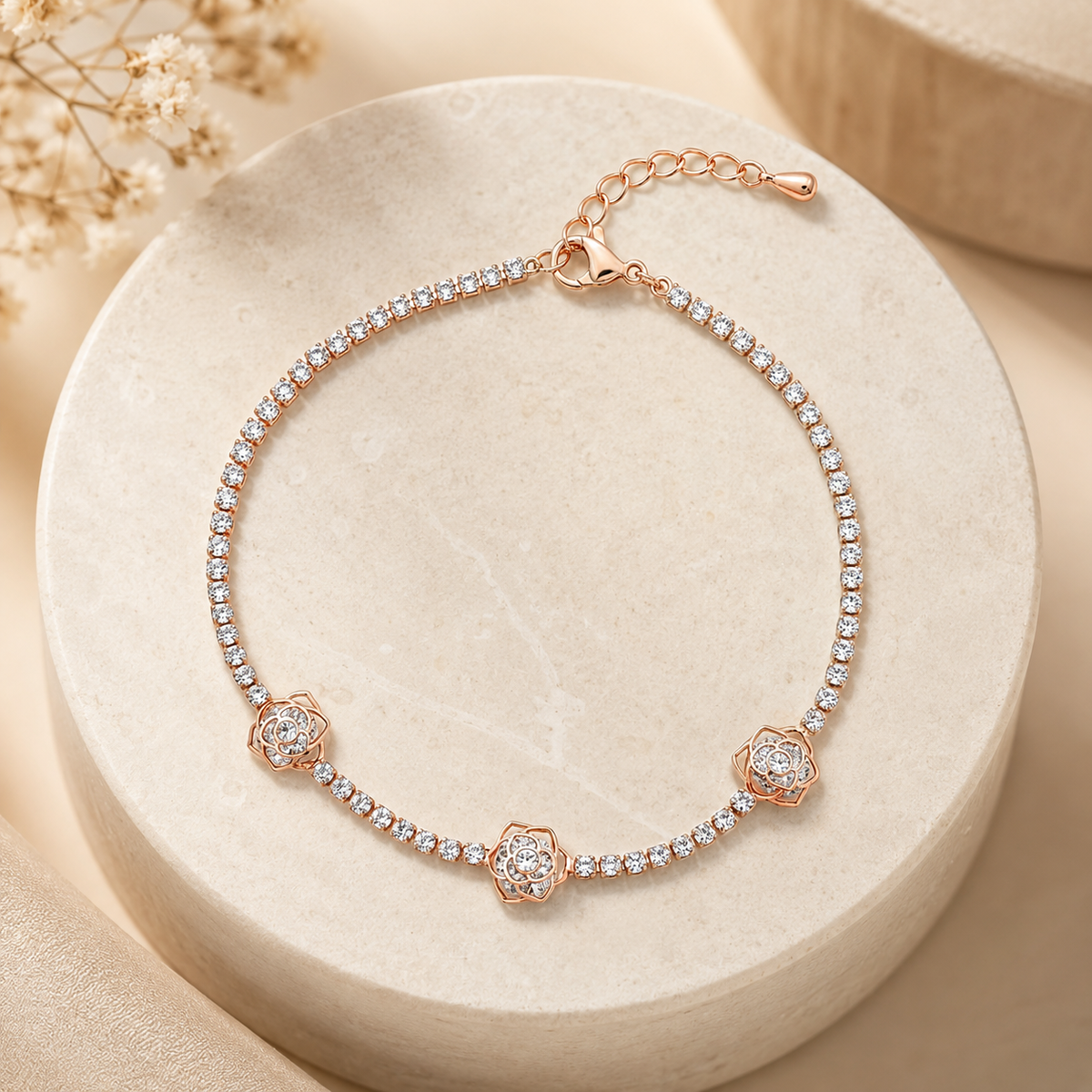 Imperial Tri-Rose Cluster Crystal Tennis Bracelet GWB-107