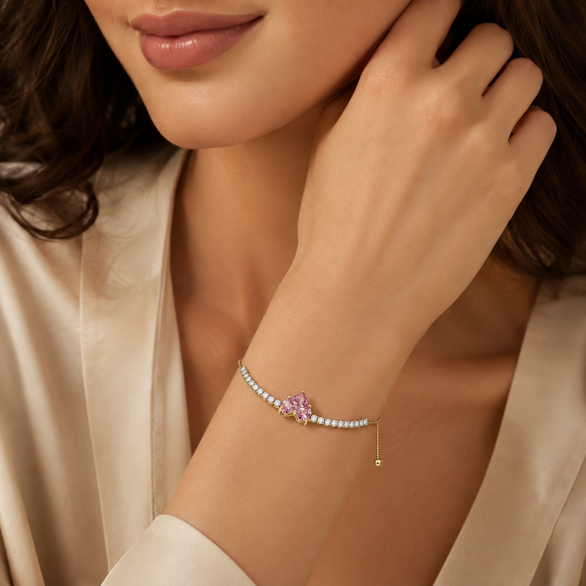 Imperial Pink Heart Solitaire & Crystal Tennis Bolo Bracelet GWB-117