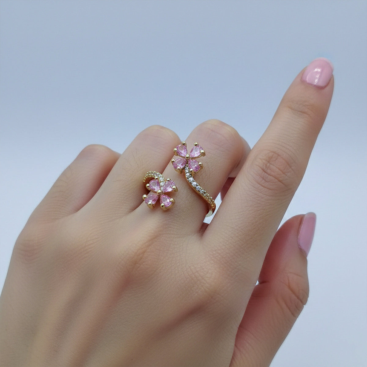 Twin Pink Clover Bypass Adjustable Ring GWR-72