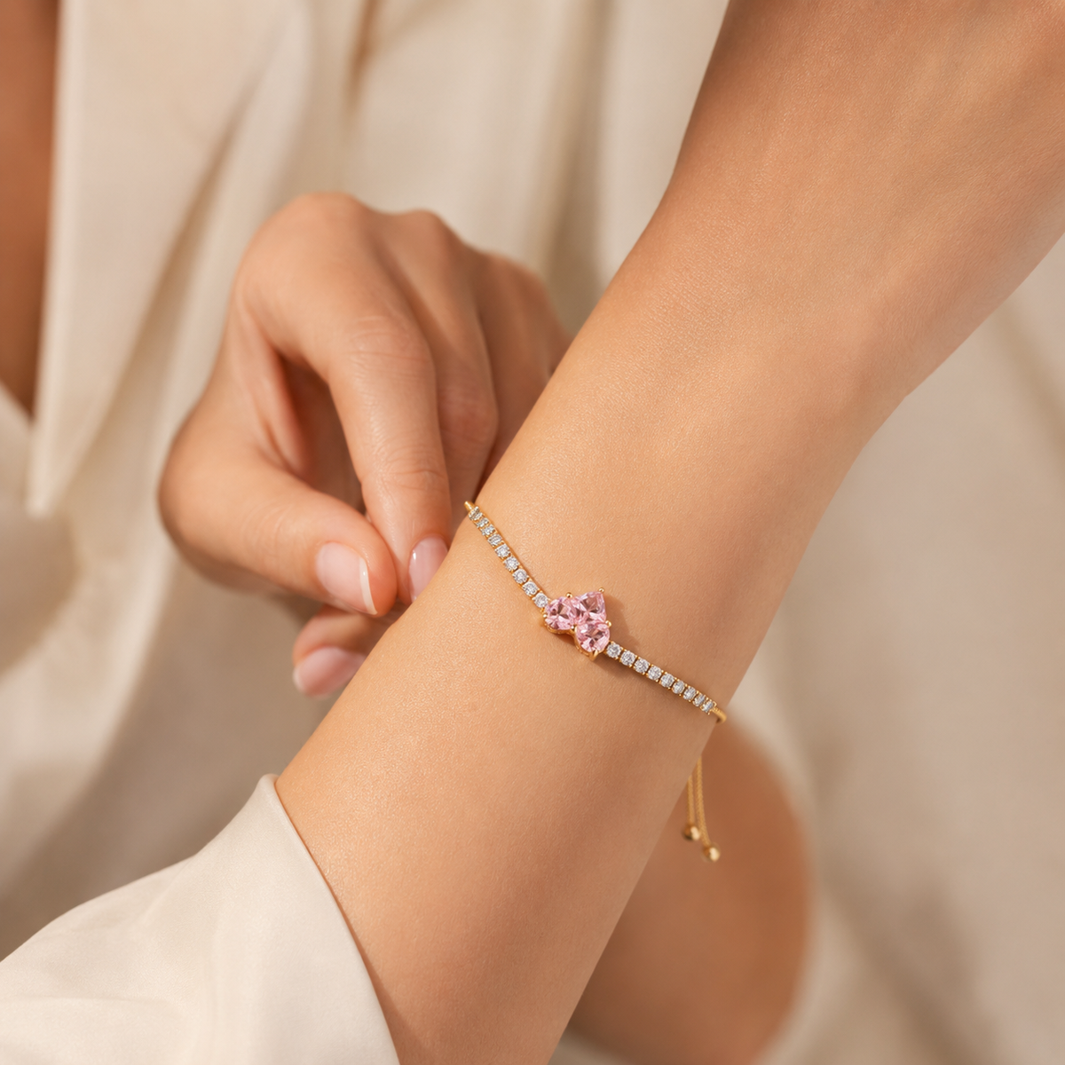 Imperial Pink Heart Solitaire & Crystal Tennis Bolo Bracelet GWB-117