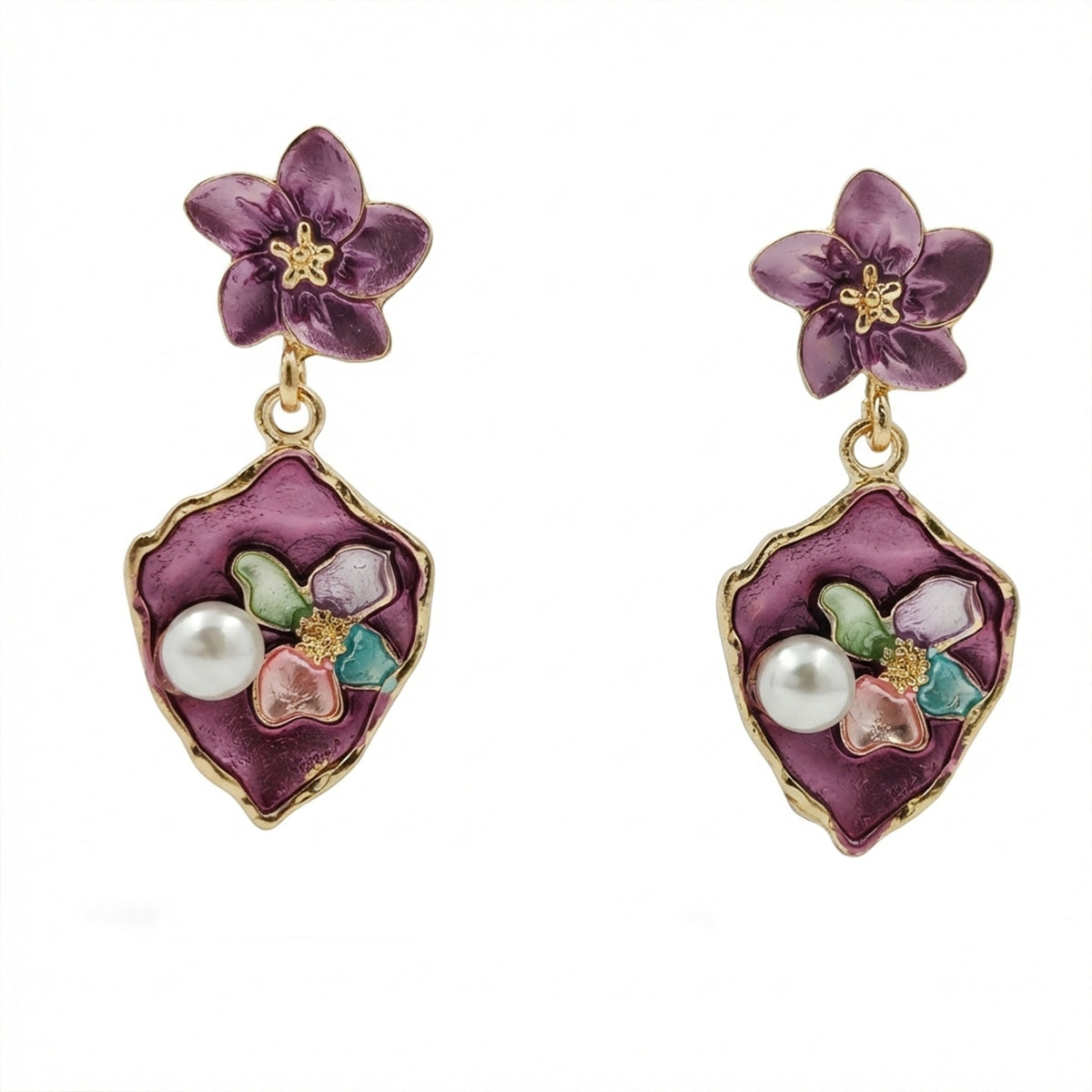 Flora Bloom Purple Enamel Pearl Earrings GWE -180