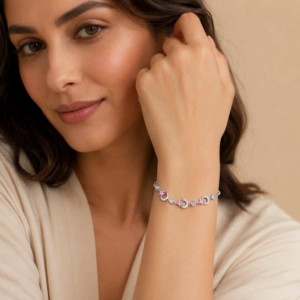 Imperial Silver Crescent Moon & Pink Star Bolo Bracelet GWB-157