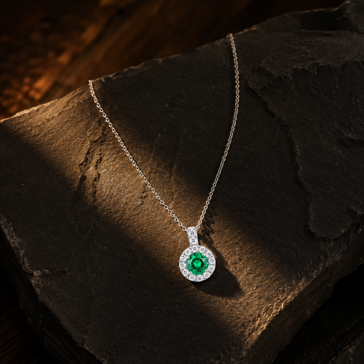 Modern Emerald Green Halo Solitaire Necklace GWN -161