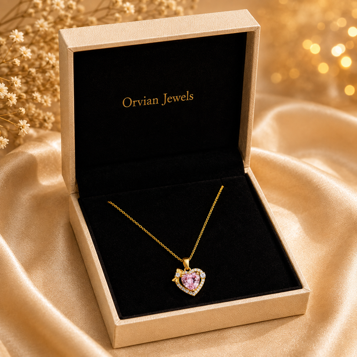 Classic Pink Heart Halo Bow Necklace GWN -79
