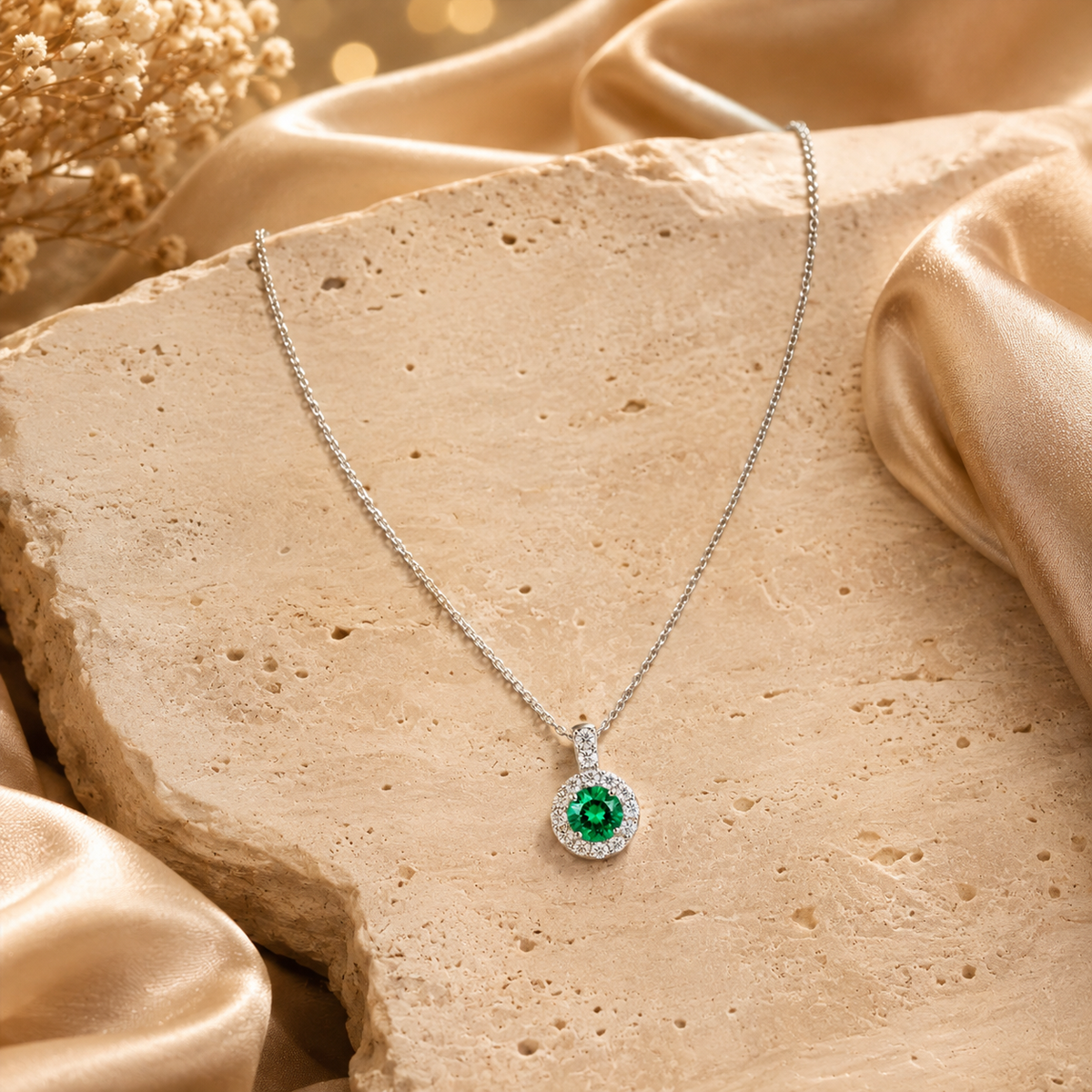 Modern Emerald Green Halo Solitaire Necklace GWN -161