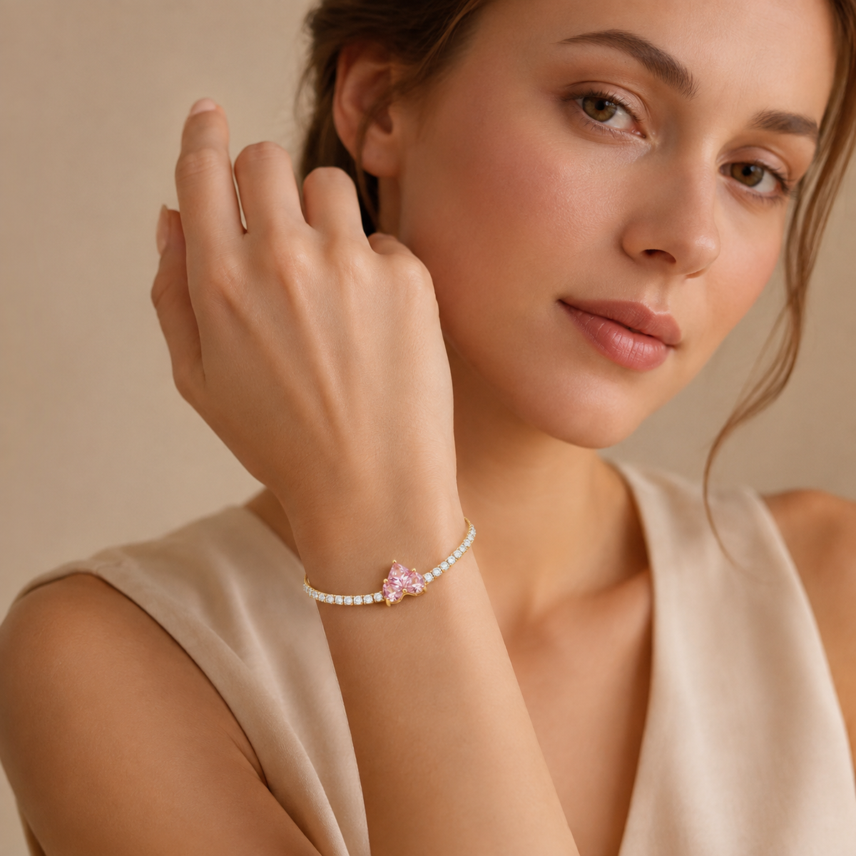 Imperial Pink Heart Solitaire & Crystal Tennis Bolo Bracelet GWB-117