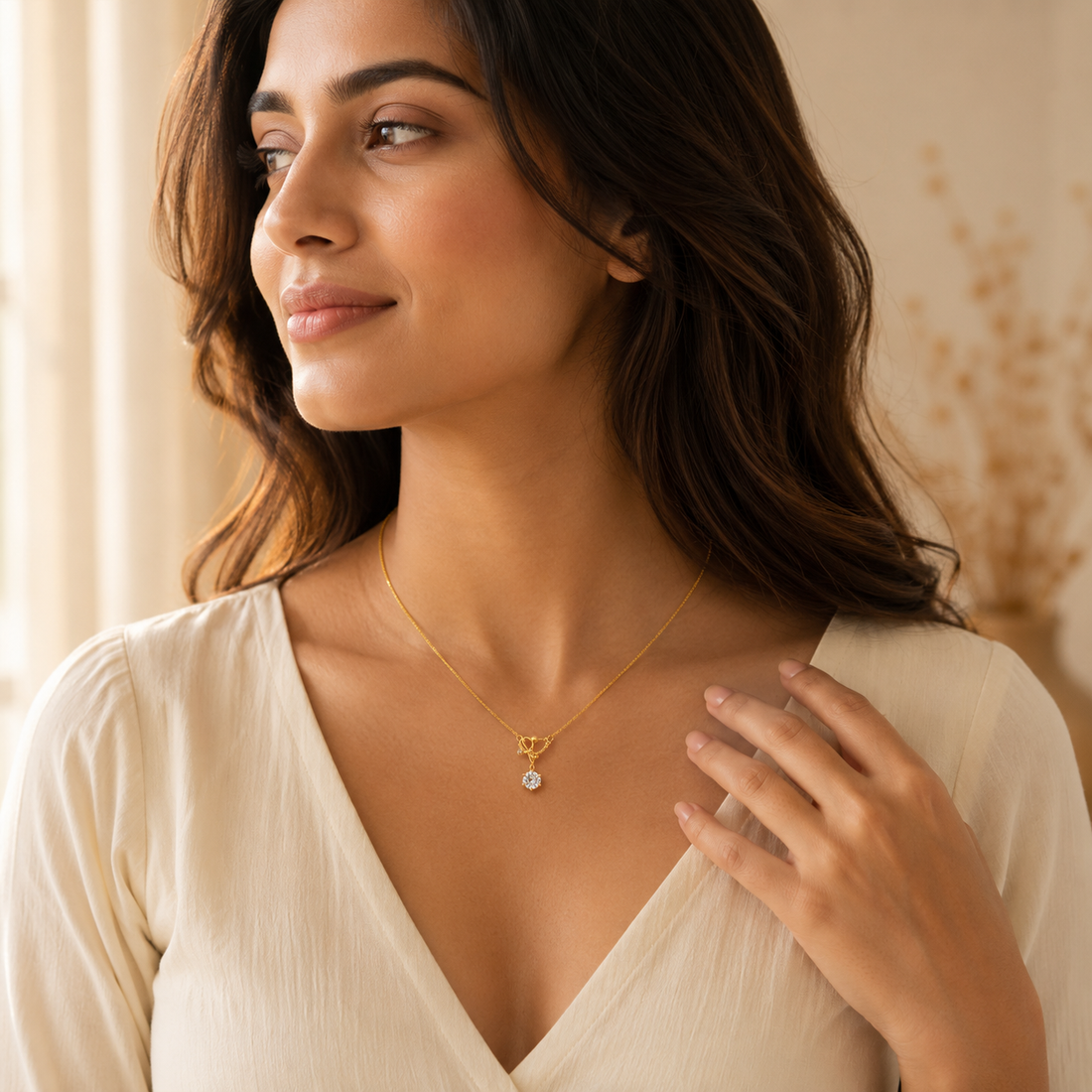 Modern Crystal Ribbon Bow Solitaire Necklace GWN -129