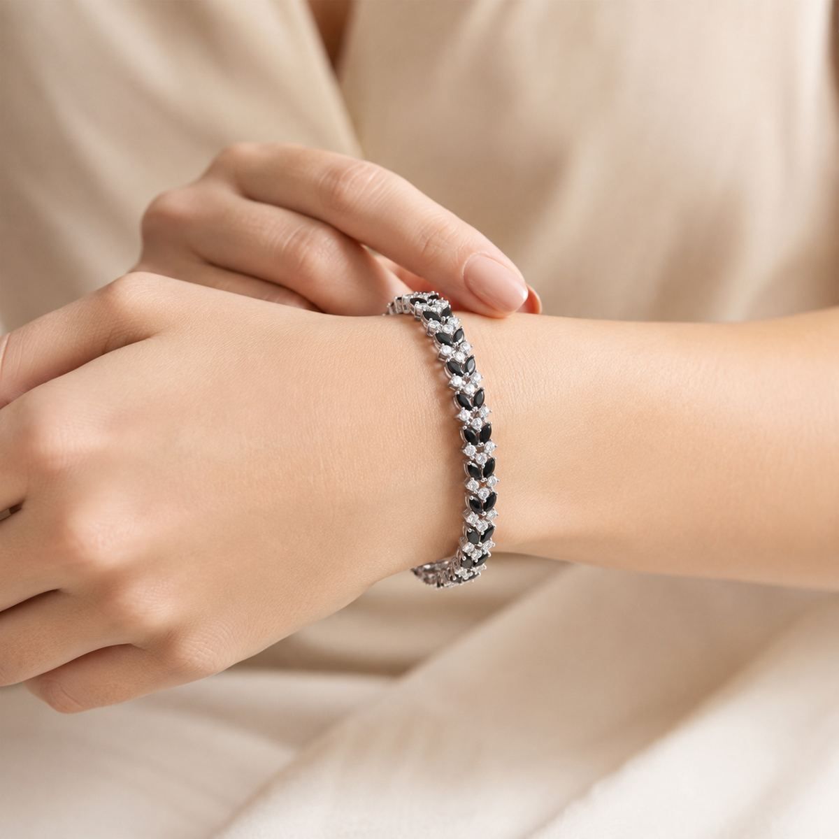 Midnight Onyx Marquise & Crystal Leaf Tennis Bracelet GWB-144
