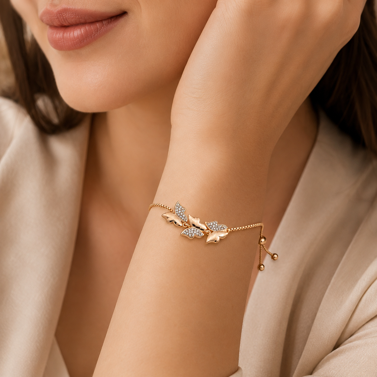 Shimmering Triple Butterfly Pave Wing Bolo Bracelet GWB-51