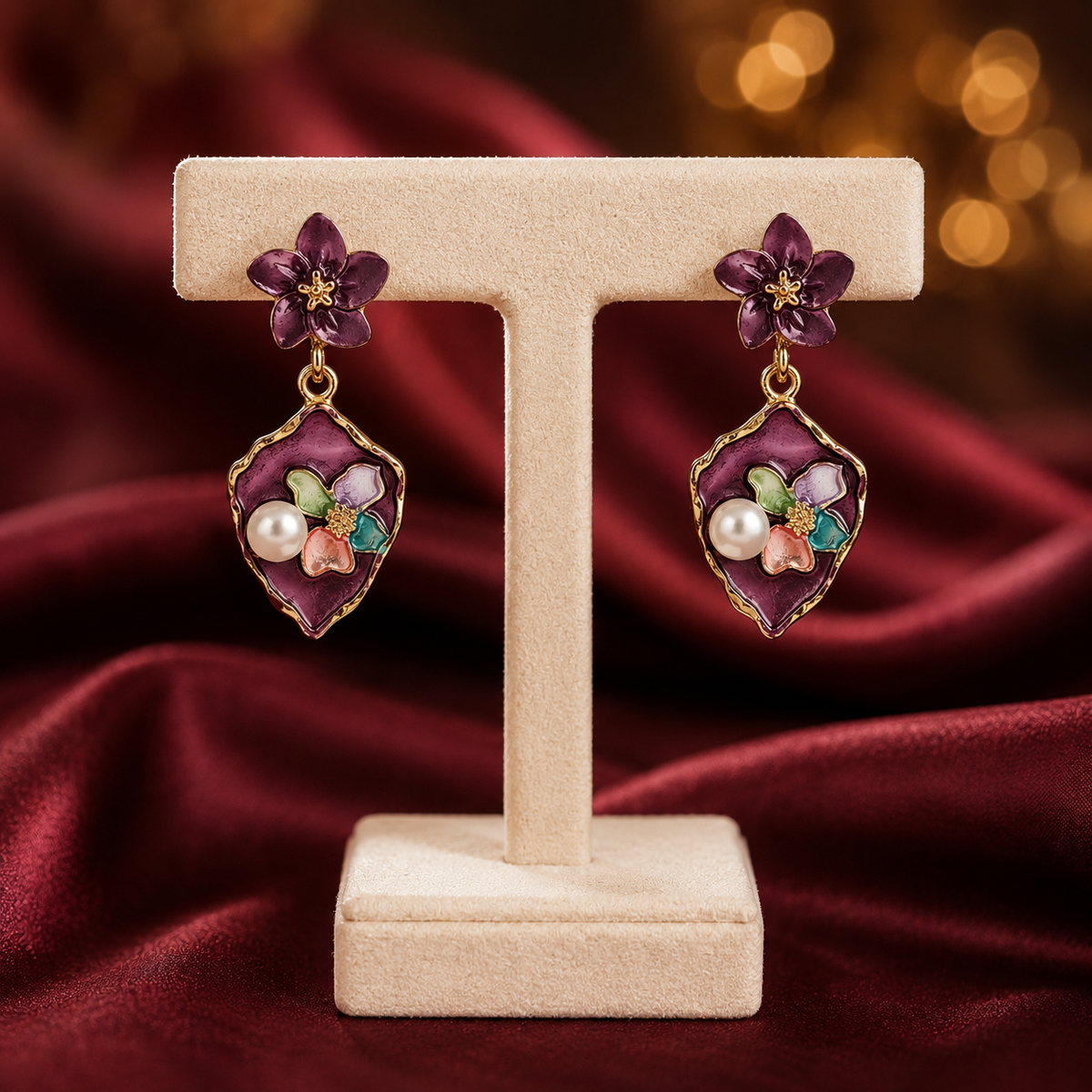 Flora Bloom Purple Enamel Pearl Earrings GWE -180