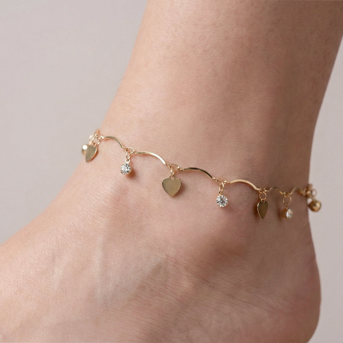 Classic Heart & Solitaire Crystal Wave Anklet GWA-31
