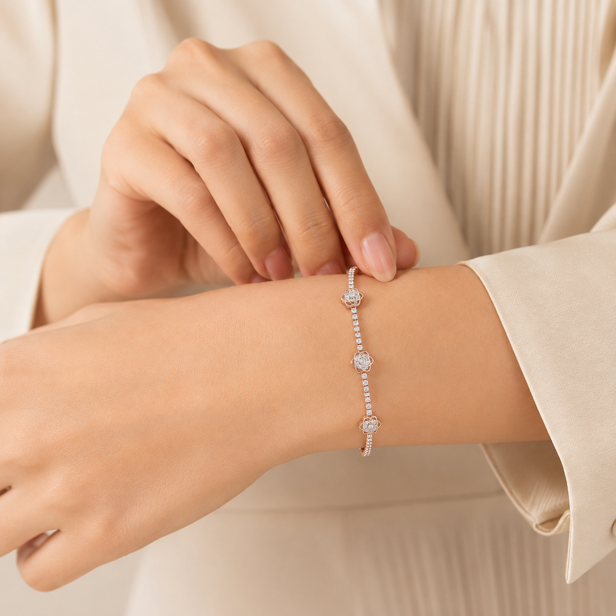 Imperial Tri-Rose Cluster Crystal Tennis Bracelet GWB-107