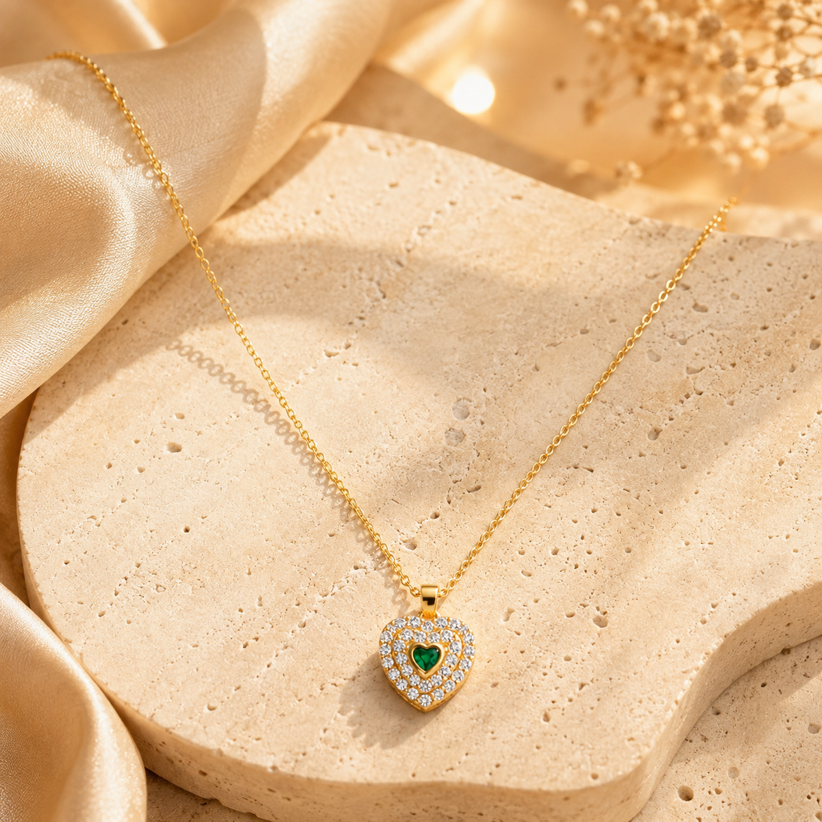 Modern Emerald Heart Double Halo Necklace GWN -121