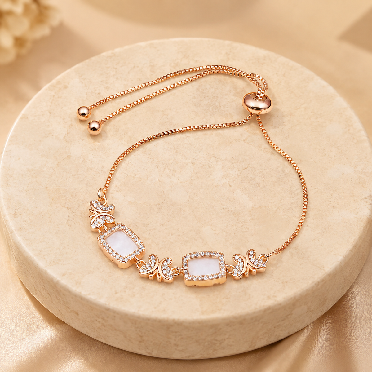 Ethereal Mother of Pearl & Crystal Bow Bolo Bracelet GWB-46