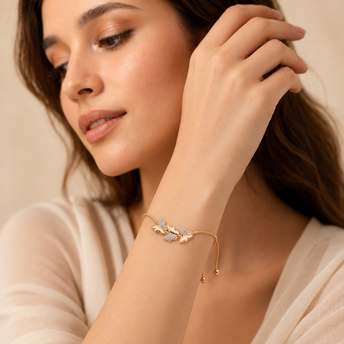 Shimmering Triple Butterfly Pave Wing Bolo Bracelet GWB-51