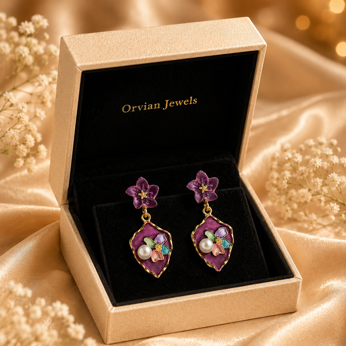 Flora Bloom Purple Enamel Pearl Earrings GWE -180