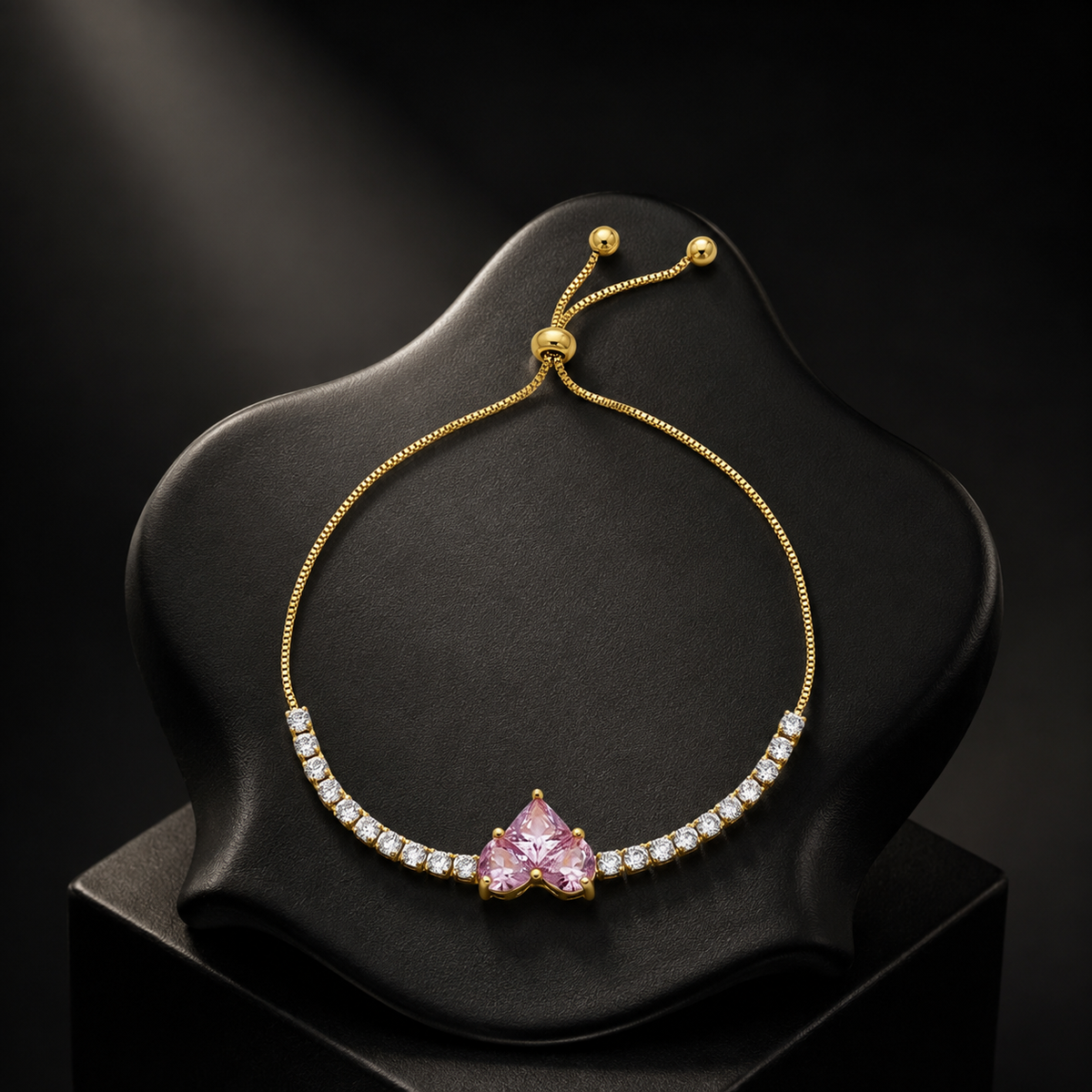 Imperial Pink Heart Solitaire & Crystal Tennis Bolo Bracelet GWB-117