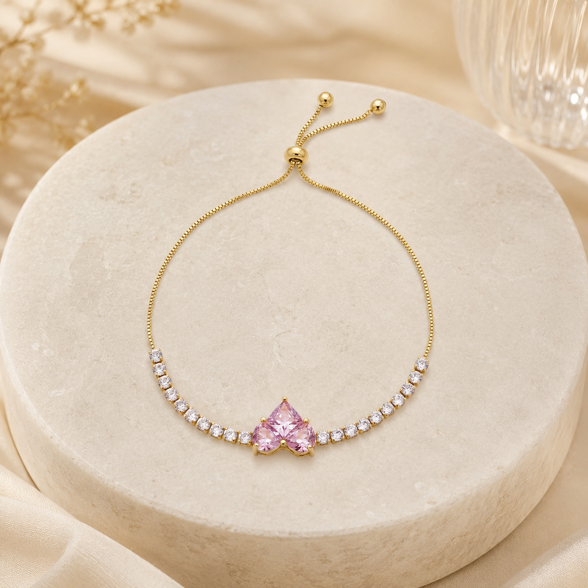 Imperial Pink Heart Solitaire & Crystal Tennis Bolo Bracelet GWB-117