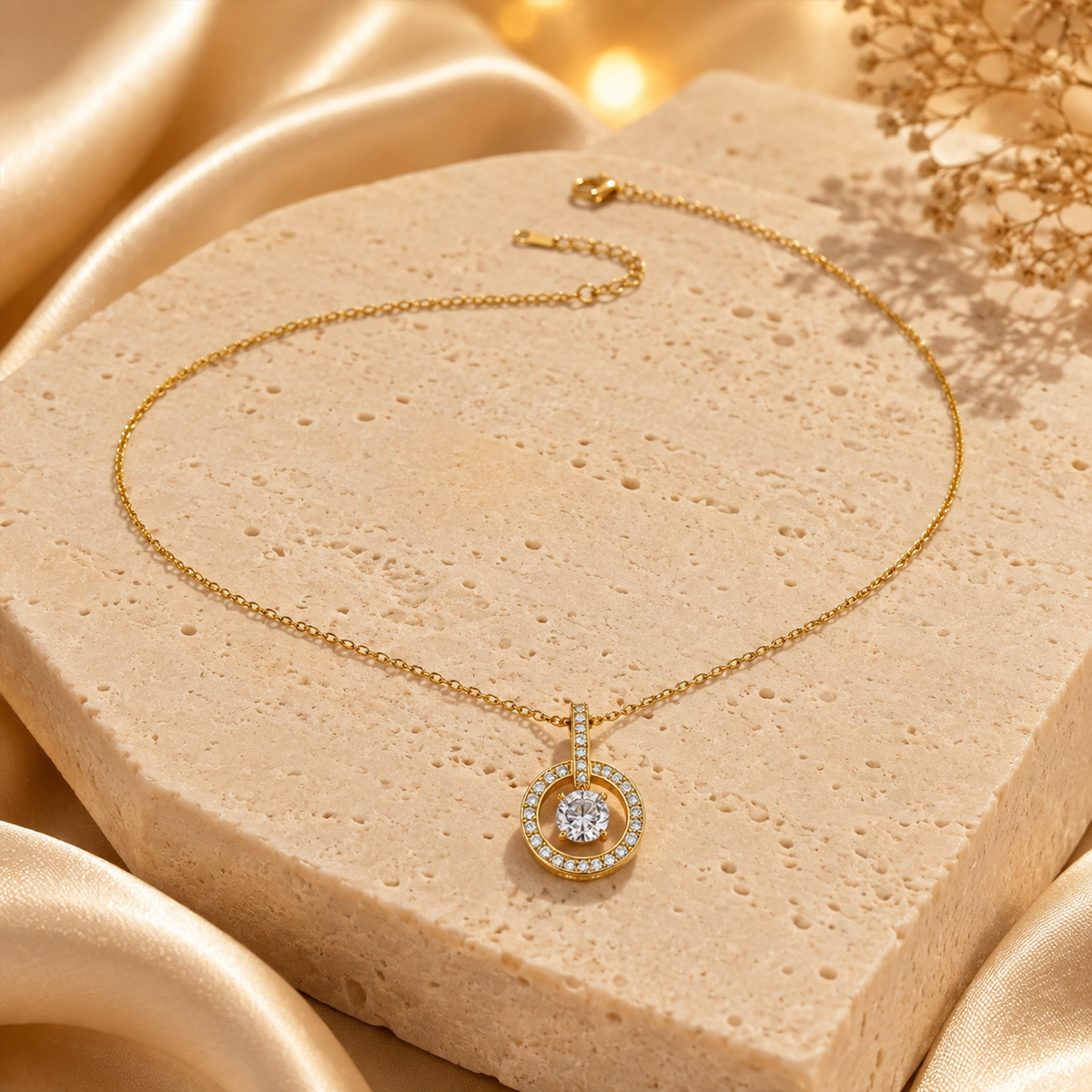 Modern Circular Solitaire Halo Necklace GWN -139