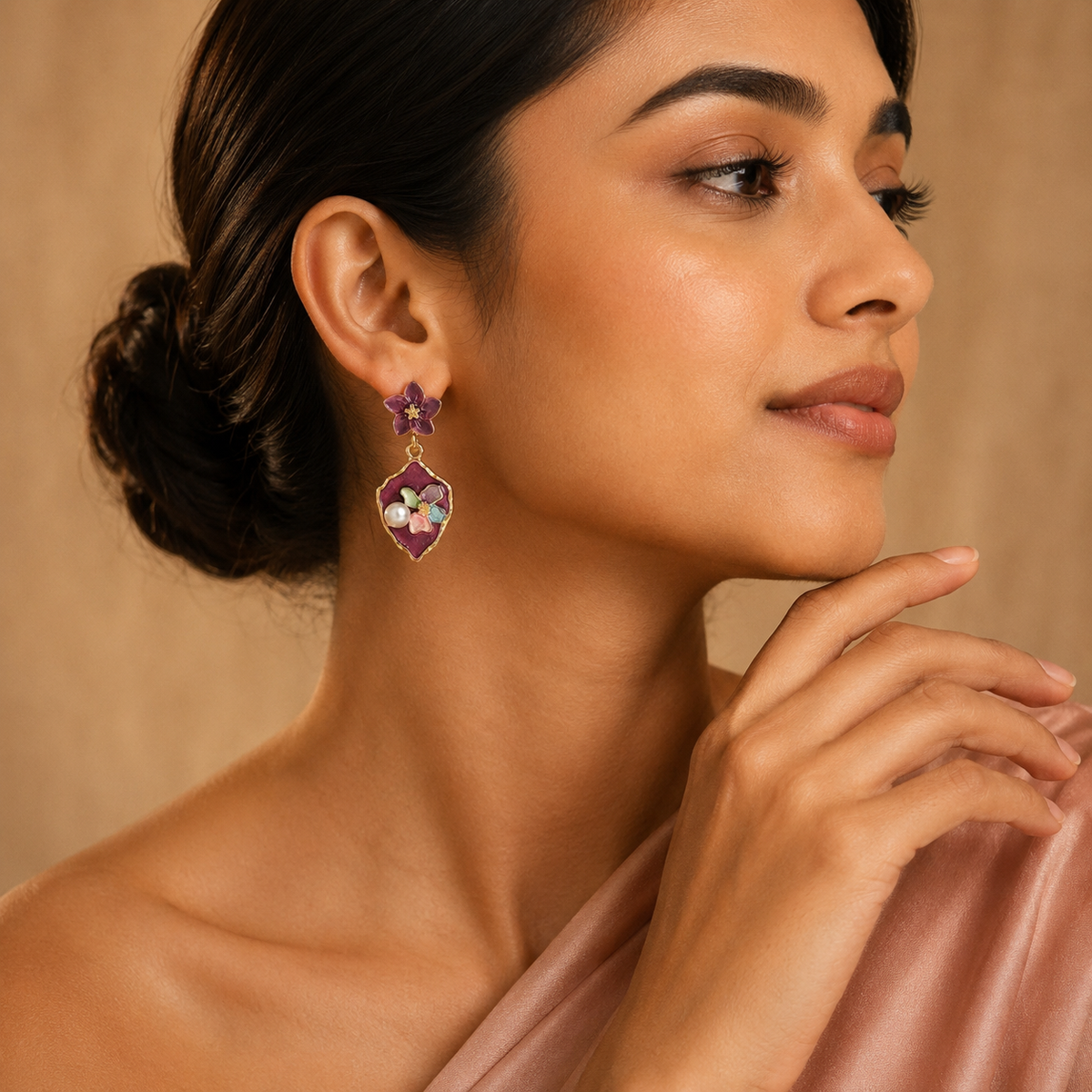 Flora Bloom Purple Enamel Pearl Earrings GWE -180
