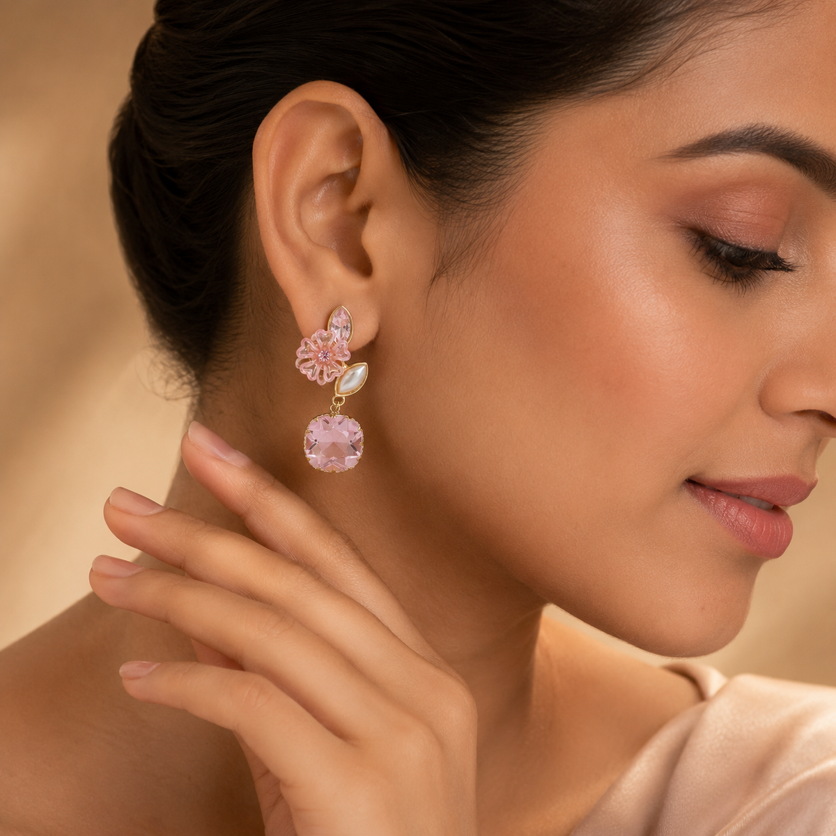 Flora Shine Pink Blossom Drop Earrings GWE -235