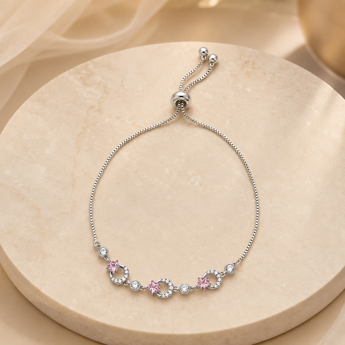 Imperial Silver Crescent Moon & Pink Star Bolo Bracelet GWB-157
