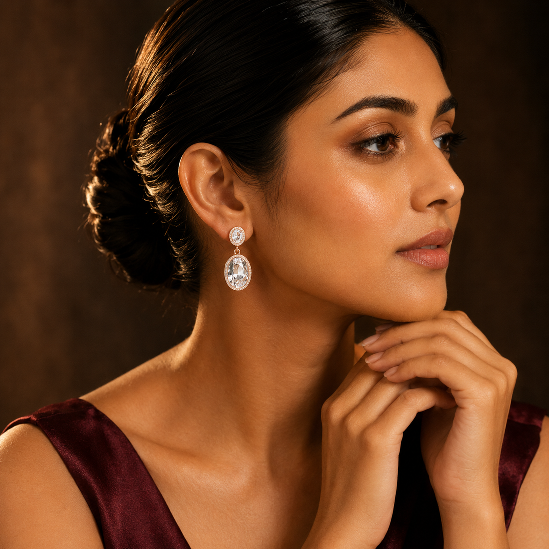 Oval Crystal Halo Drop Earrings GWE -14