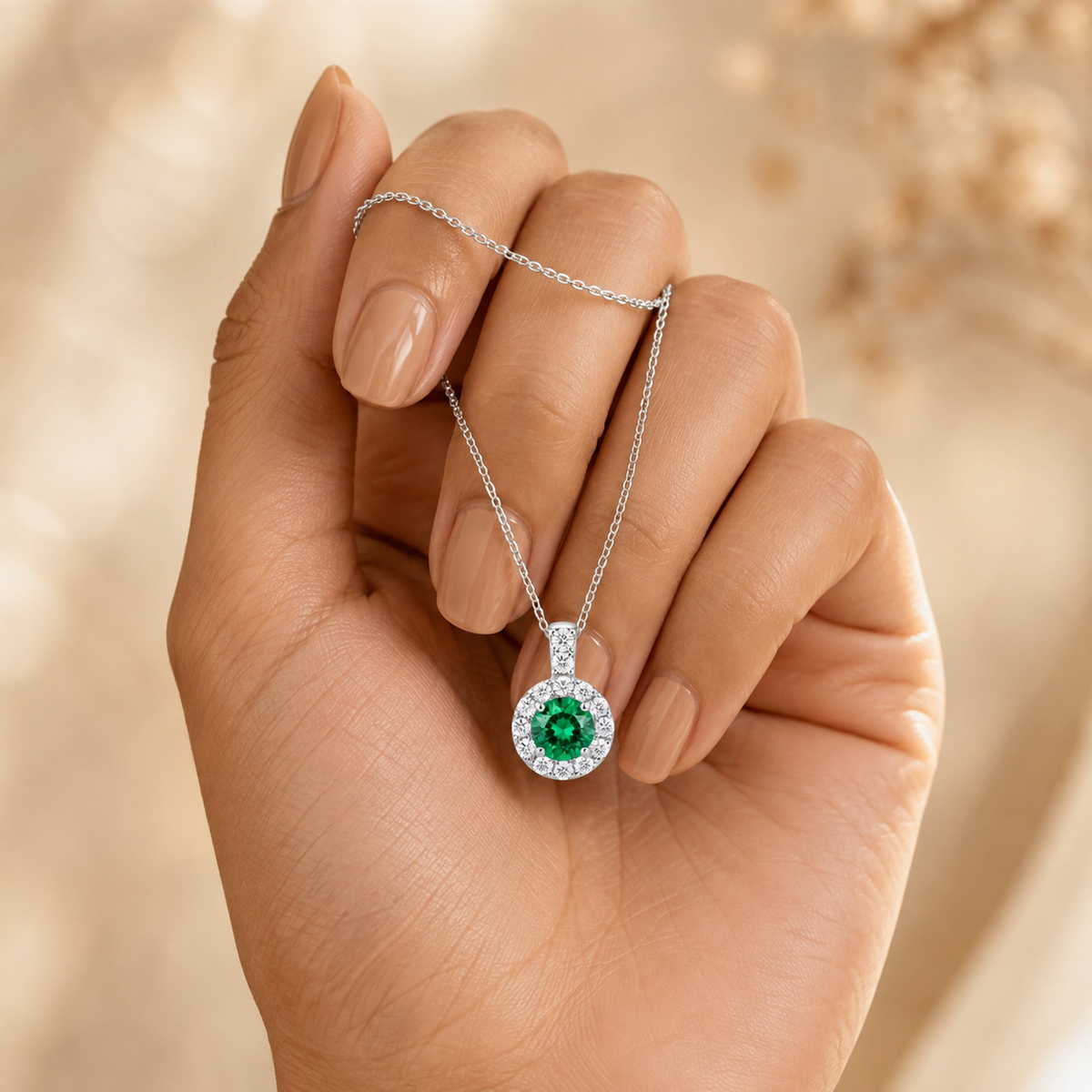 Modern Emerald Green Halo Solitaire Necklace GWN -161
