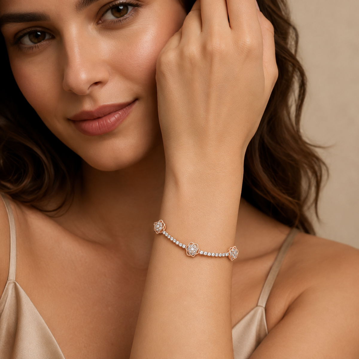 Imperial Tri-Rose Cluster Crystal Tennis Bracelet GWB-107