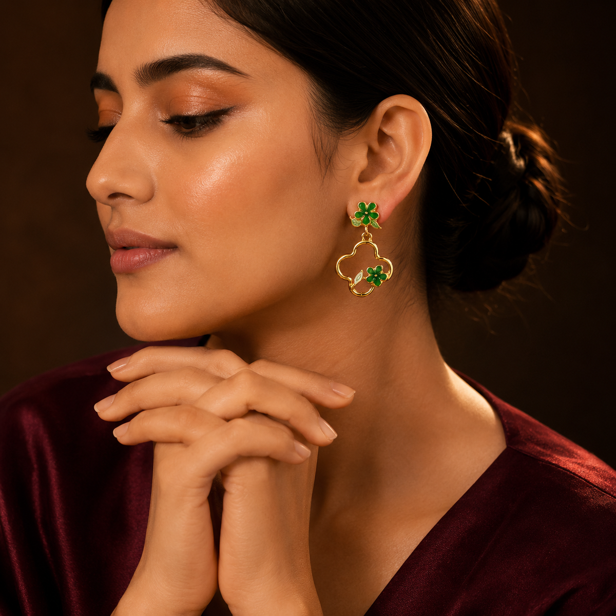 Flora Bloom Green Clover Hoop Earrings GWE -182