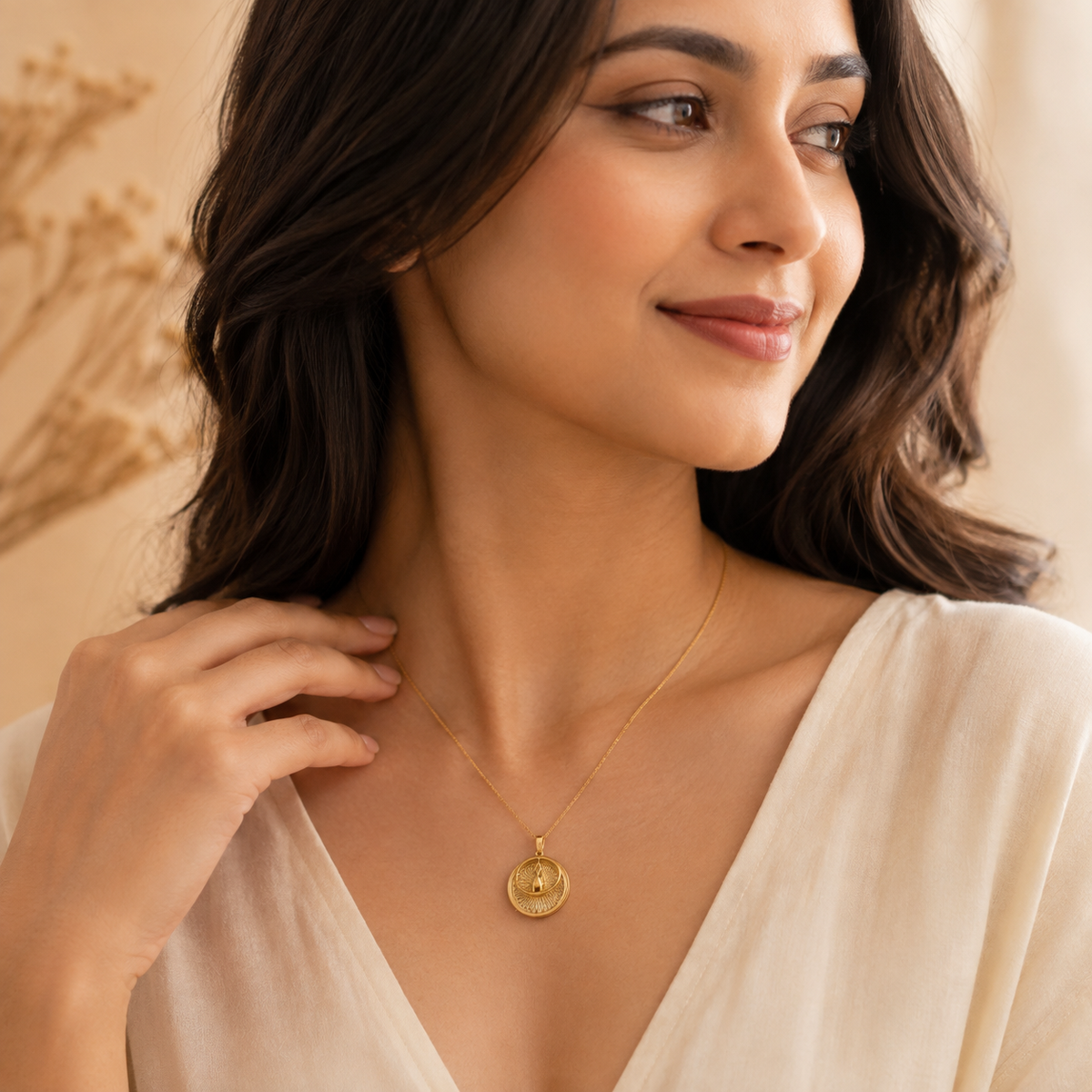 Modern Sunburst Medallion Teardrop Necklace GWN -158