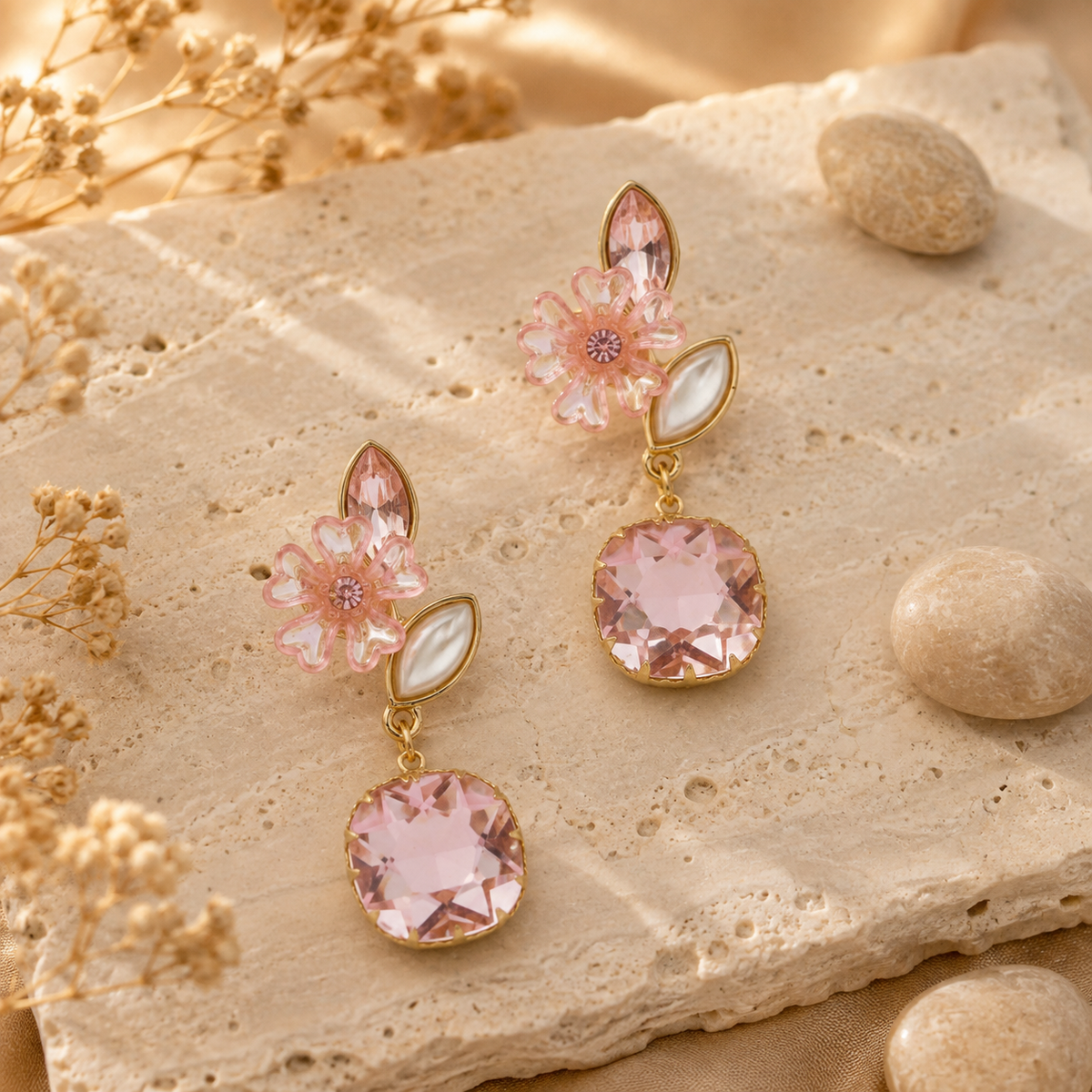 Flora Shine Pink Blossom Drop Earrings GWE -235