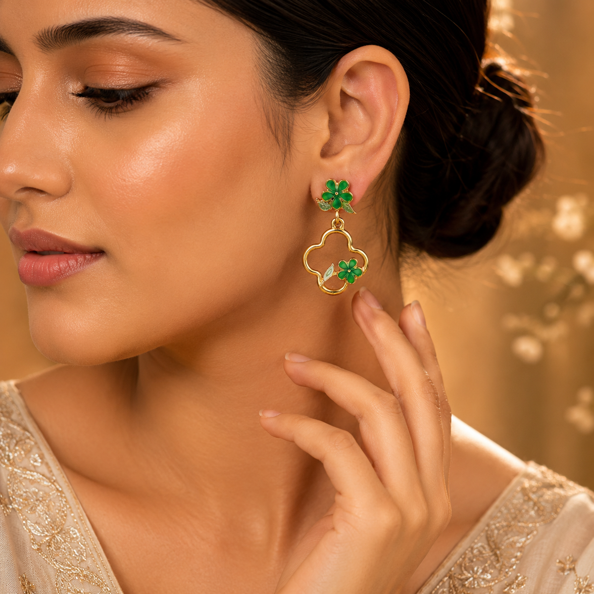 Flora Bloom Green Clover Hoop Earrings GWE -182