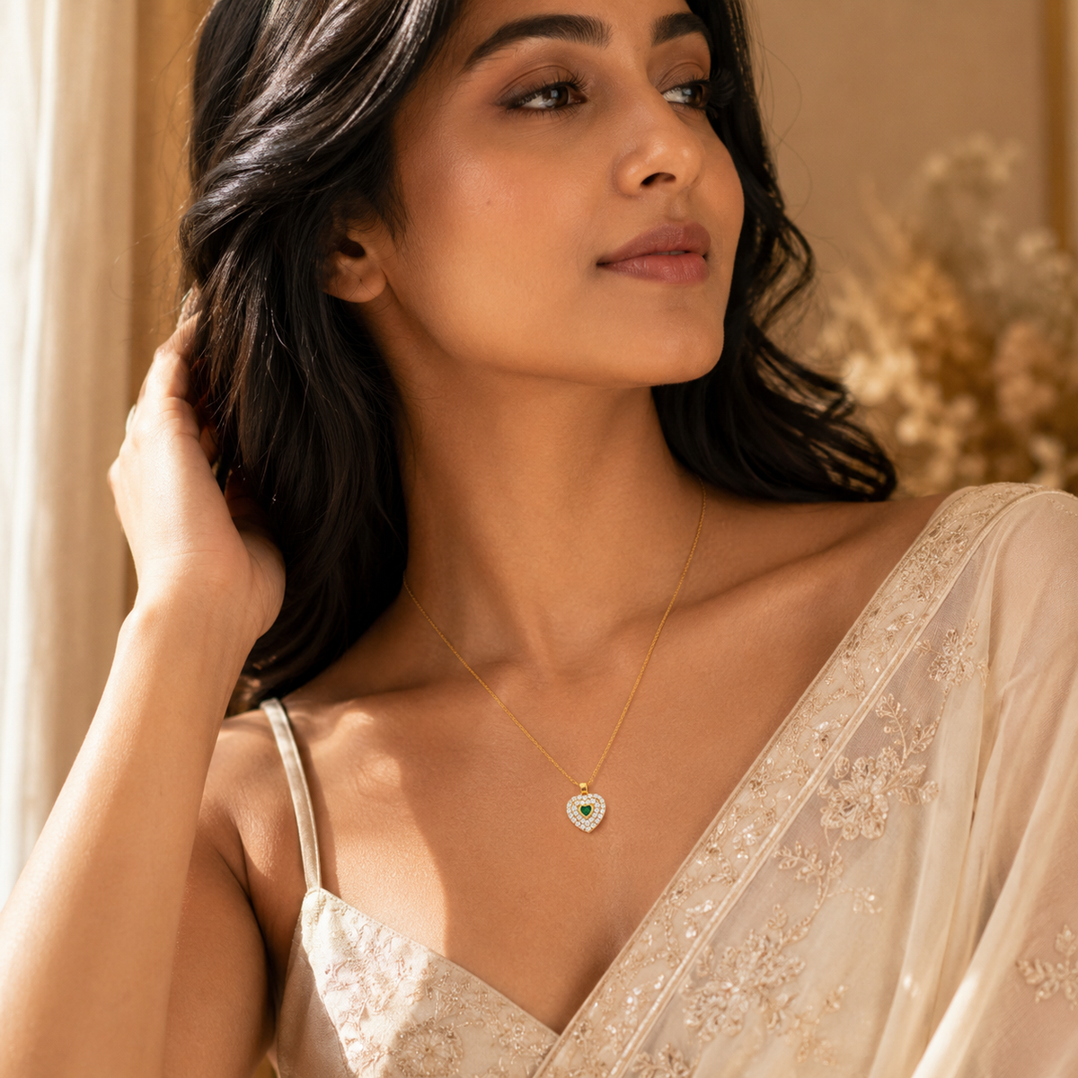 Modern Emerald Heart Double Halo Necklace GWN -121