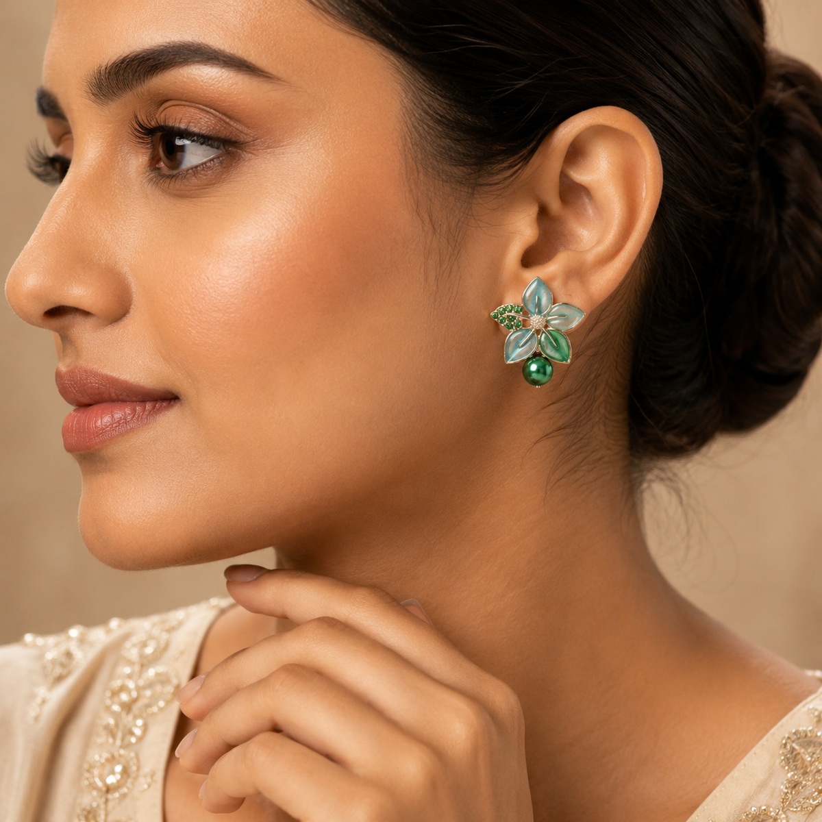 Flora Bloom Green Mint Pearl Earrings GWE -184
