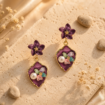 Flora Bloom Purple Enamel Pearl Earrings GWE -180