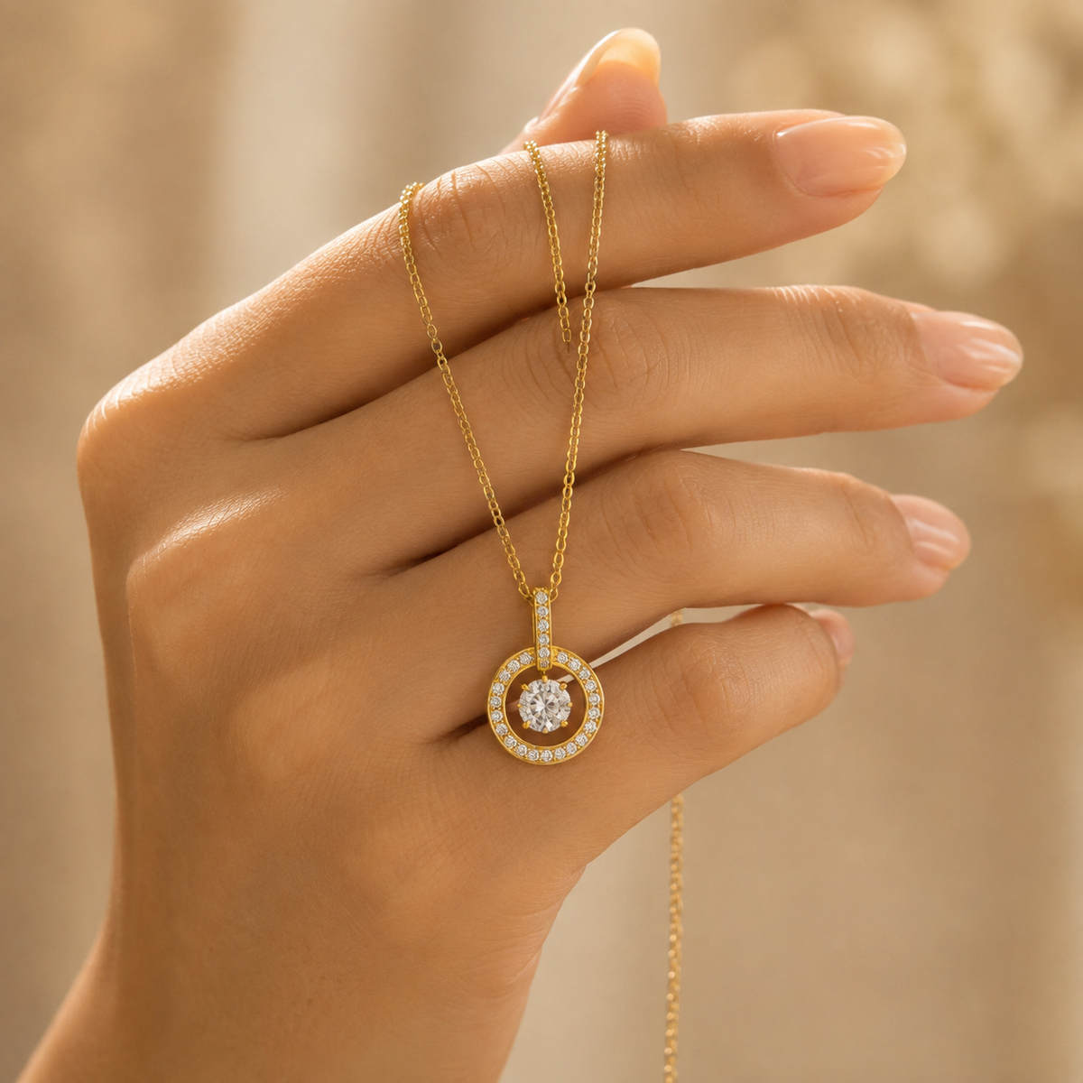 Modern Circular Solitaire Halo Necklace GWN -139