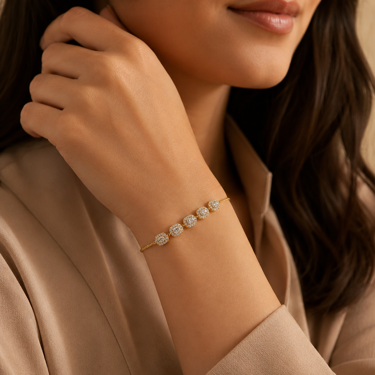 Imperial Cushion Halo Solitaire Row Bolo Bracelet GWB-159