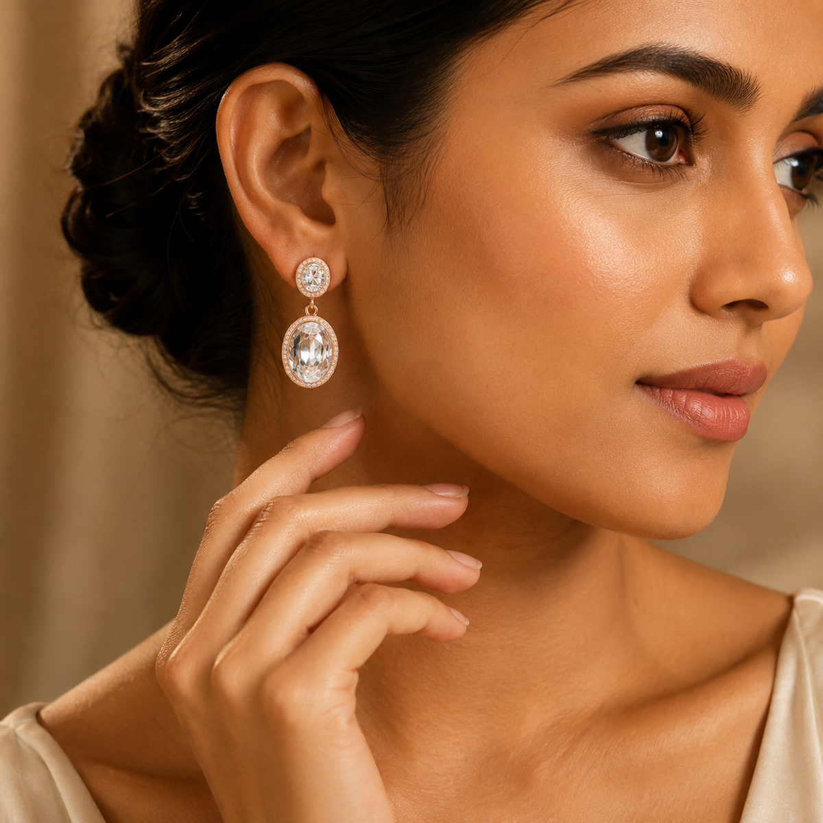 Oval Crystal Halo Drop Earrings GWE -14