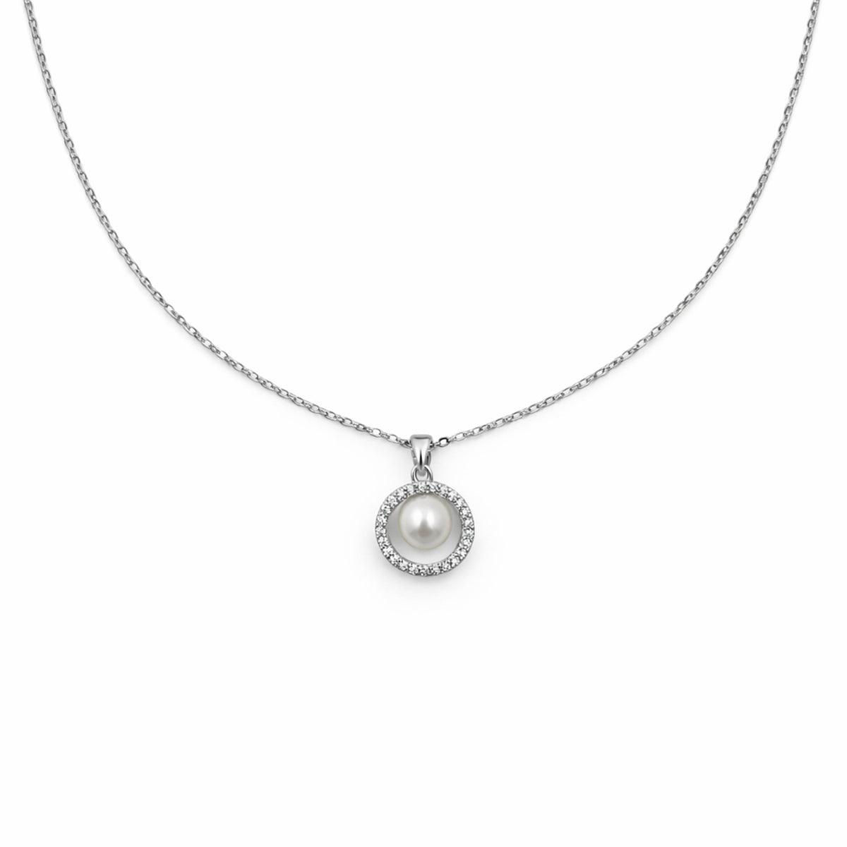 Silver Pearl Halo Pendant Necklace GWN -58