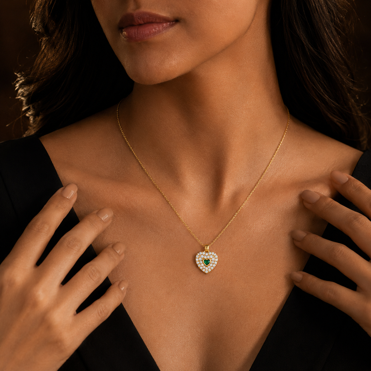 Modern Emerald Heart Double Halo Necklace GWN -121